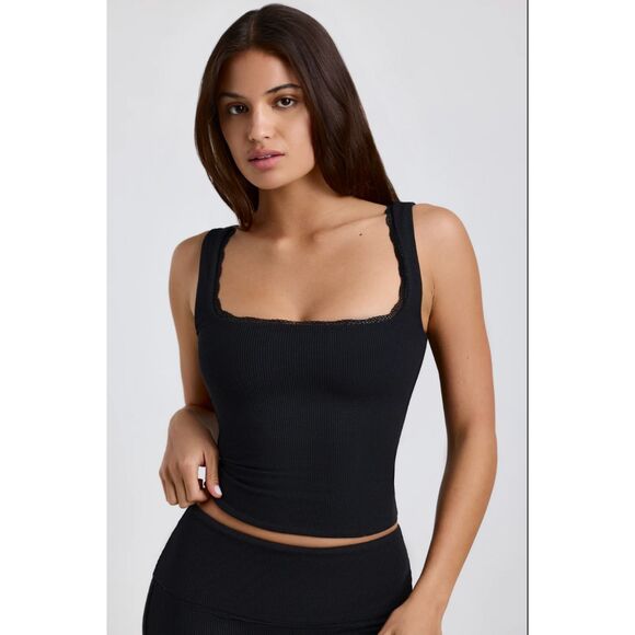Oh Polly Casta Ribbed Modal Lace-Trim Tank Top in Black NWT - Picture 1 of 9